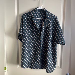 Theory button up silk like top, brand new
